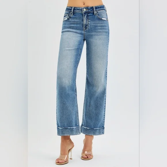 Risen Mid Rise Medium Wash Straight Cropped Tailored Cuff Jeans Various NEW - Picture 3 of 6